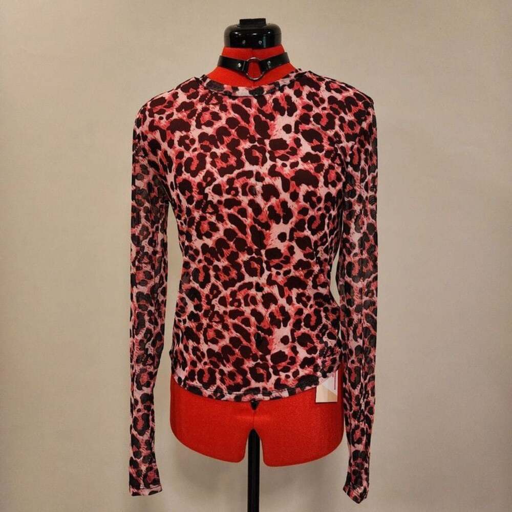 Women's M Pink Black Leopard Print Mesh Long Sleeve Top Chic Y2K Alternative